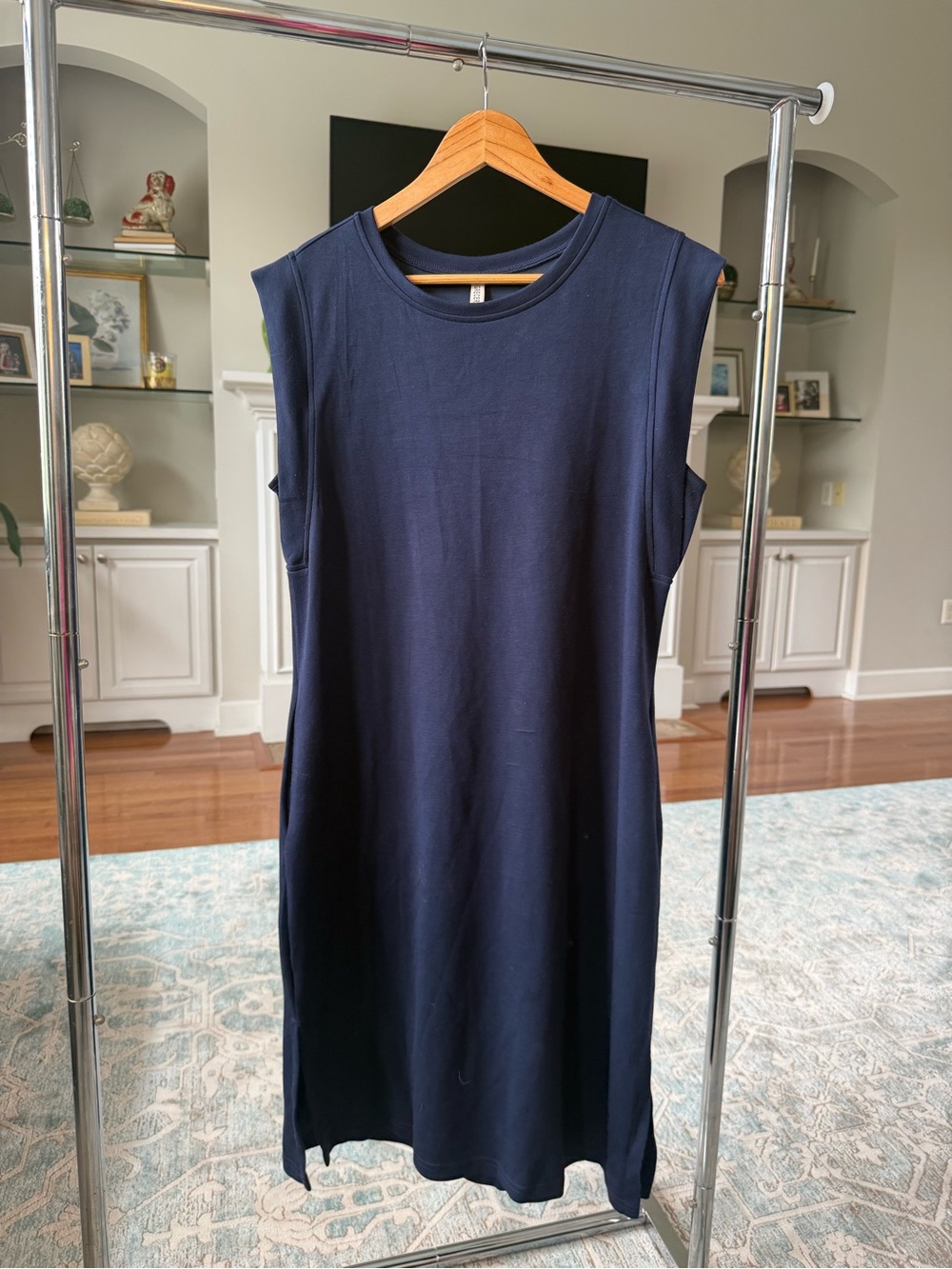 Sleeveless Navy Midi Dress - Minimalist Women's Shift